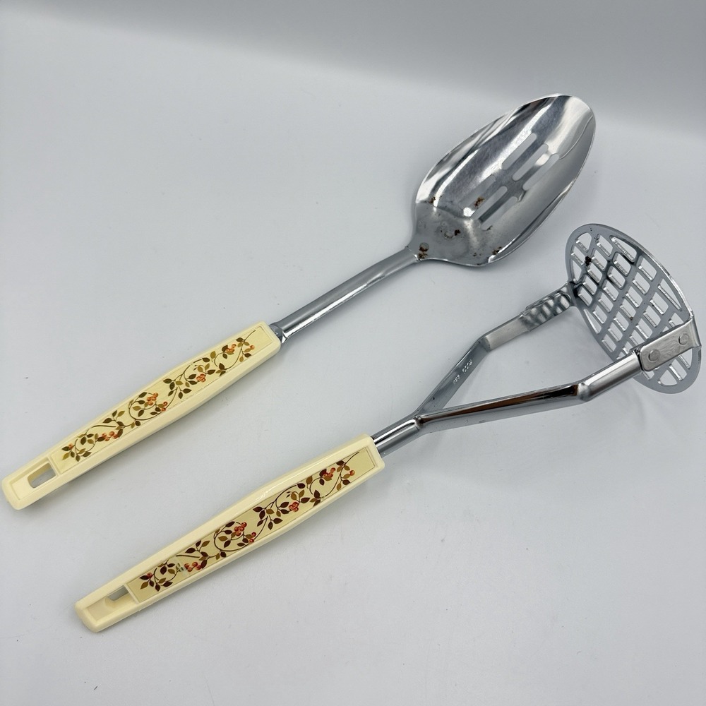 Vintage Koco Japan Floral Kitchen Utensils Slotted Spoon Potato Masher Set Retro